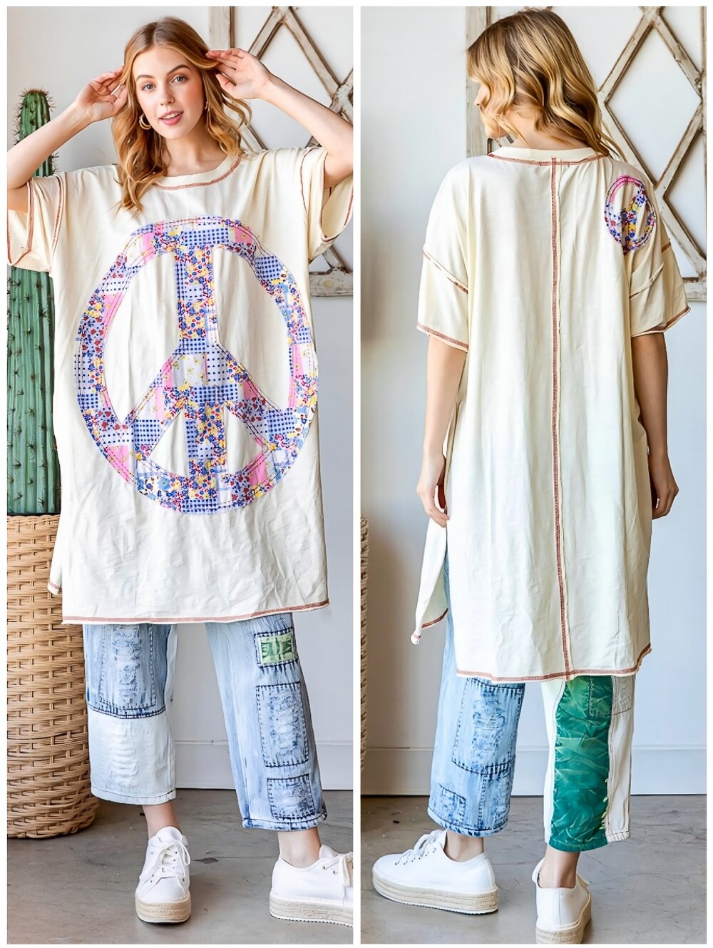 Oli & Hali Quilted Peach Sign Cream Pink Oversized Tee Dress, M